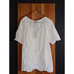 NWT - Anne Carson Short Sleeve Embroidered Holes Drawstring Collar Top in White